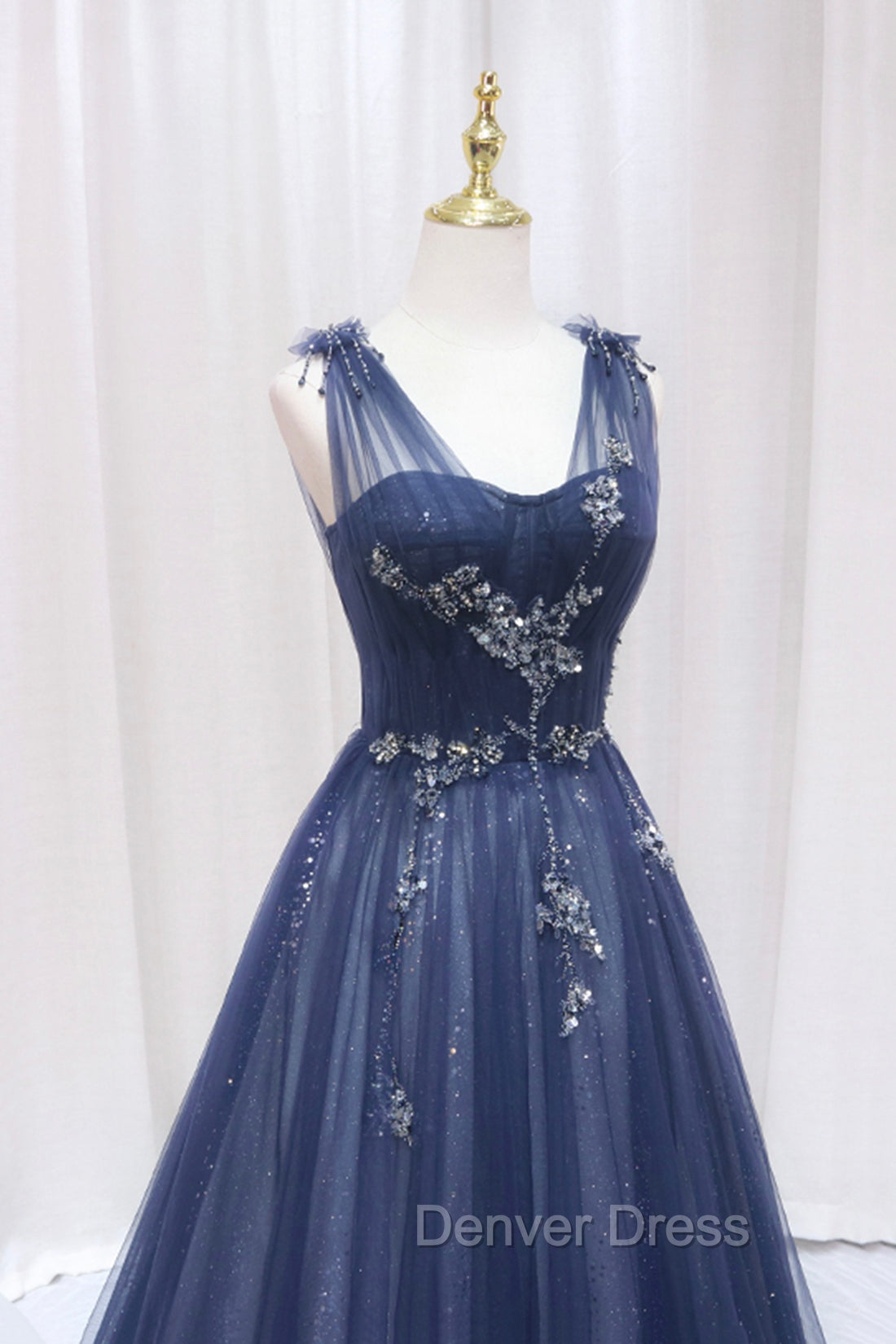 Blue Tulle Beaded Long Prom Dresses, Blue A-Line Evening Party Dresses