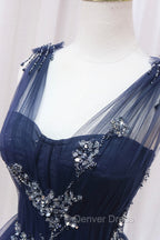 Blue Tulle Beaded Long Prom Dresses, Blue A-Line Evening Party Dresses