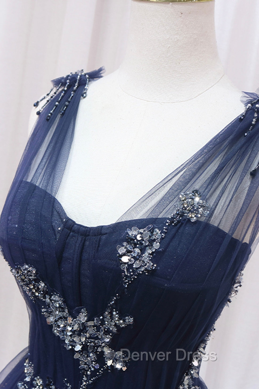 Blue Tulle Beaded Long Prom Dresses, Blue A-Line Evening Party Dresses