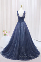 Blue Tulle Beaded Long Prom Dresses, Blue A-Line Evening Party Dresses
