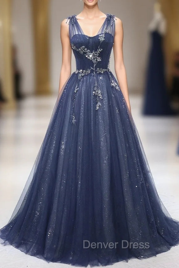 Blue Tulle Beaded Long Prom Dresses, Blue A-Line Evening Party Dresses Main image