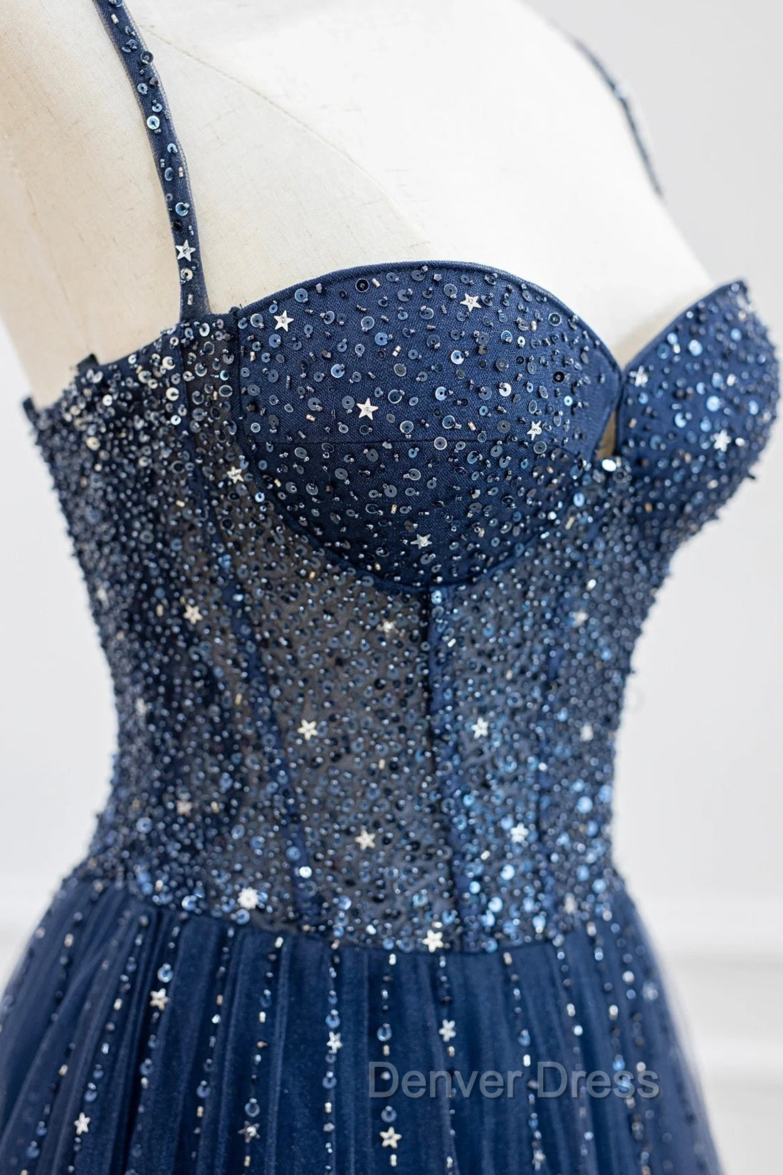 Blue Tulle Beaded Long Prom Dresses Formal Dresses