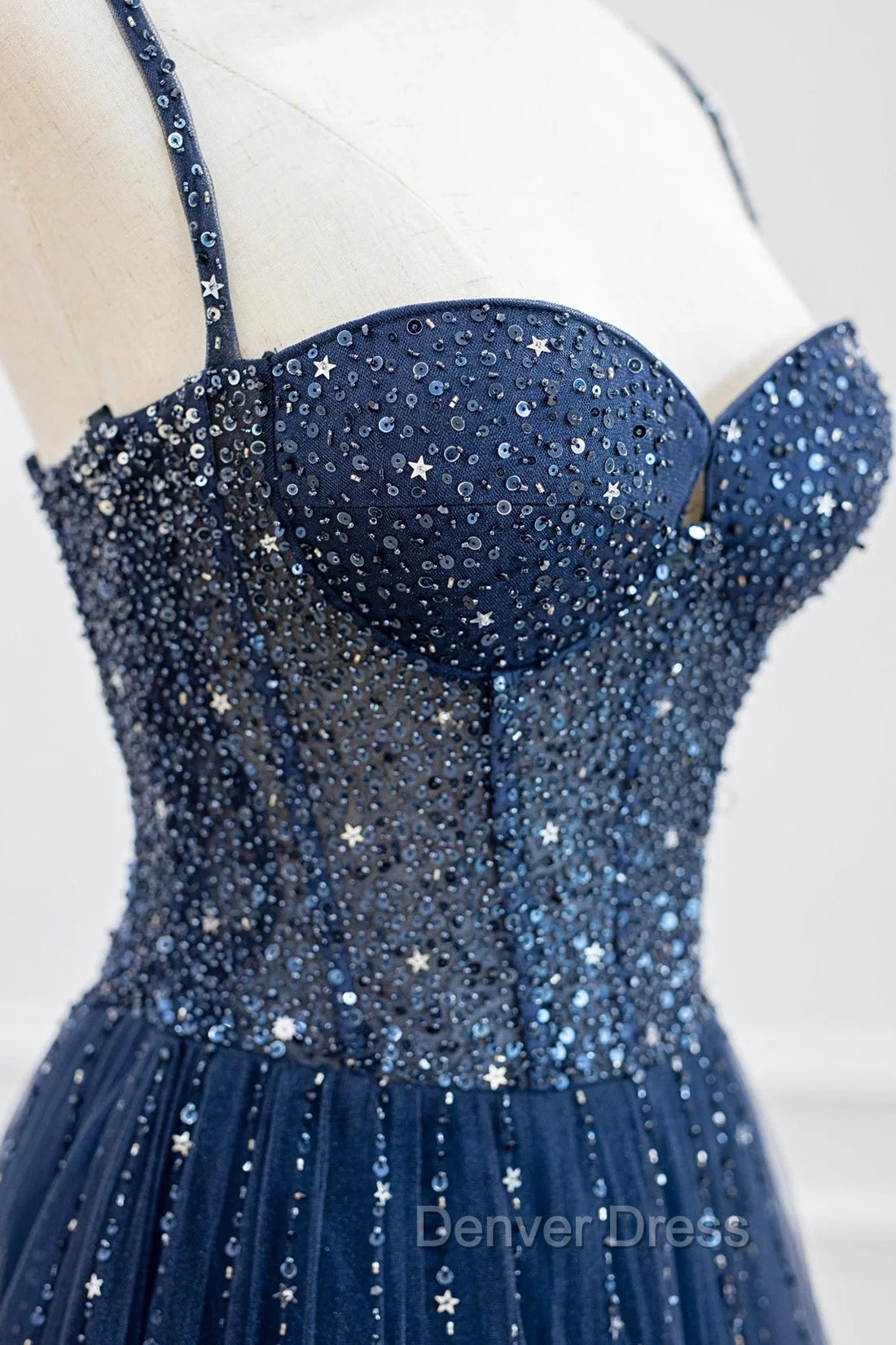 Blue Tulle Beaded Long Prom Dresses Formal Dresses, Blue Evening Dresses