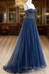 Blue Tulle Beaded Long Prom Dresses Formal Dresses, Blue Evening Dresses