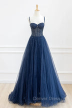 Blue Tulle Beaded Long Prom Dress Prom Dress, Blue Prom Dresses
