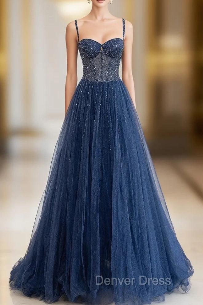 Blue Tulle Beaded Long Prom Dresses Formal Dresses