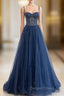 Blue Tulle Beaded Long Prom Dresses Formal Dresses