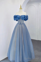 Blue Tulle Beaded Long Prom Dress, Off The Shoulder Evening Party Dress