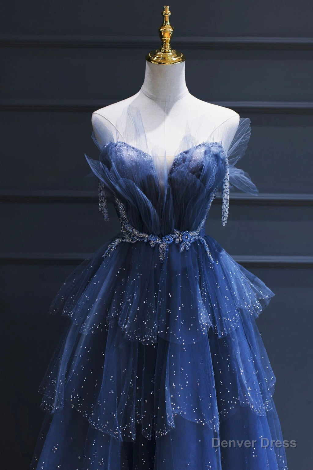 Blue Tulle Beaded Long Senior Prom Dress, A Line Strapless Prom Dresses