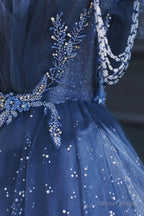 Blue Tulle Beaded Long Senior Prom Dress, A Line Strapless Prom Dresses