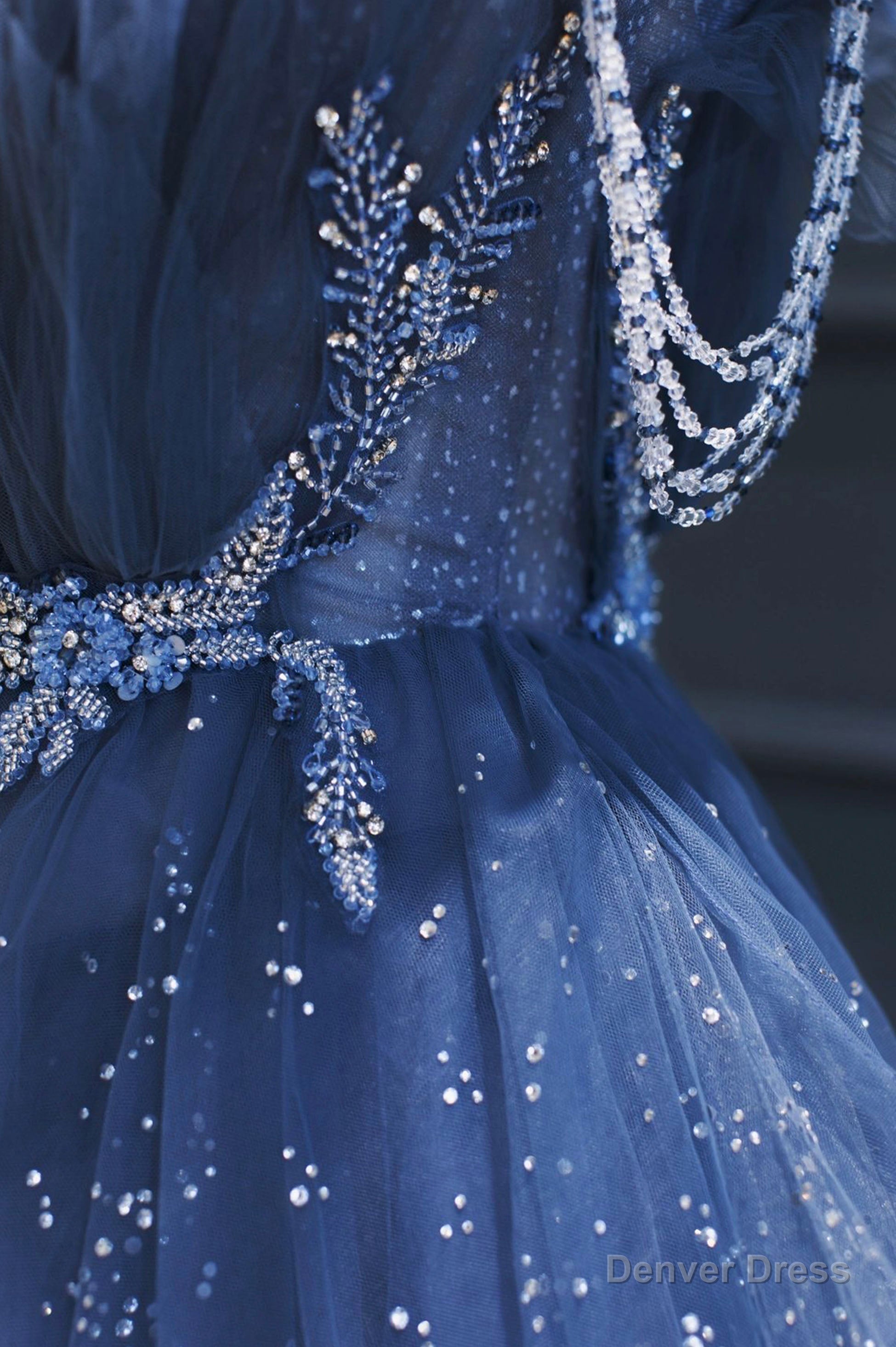 Blue Tulle Beaded Long Senior Prom Dress, A Line Strapless Prom Dresses