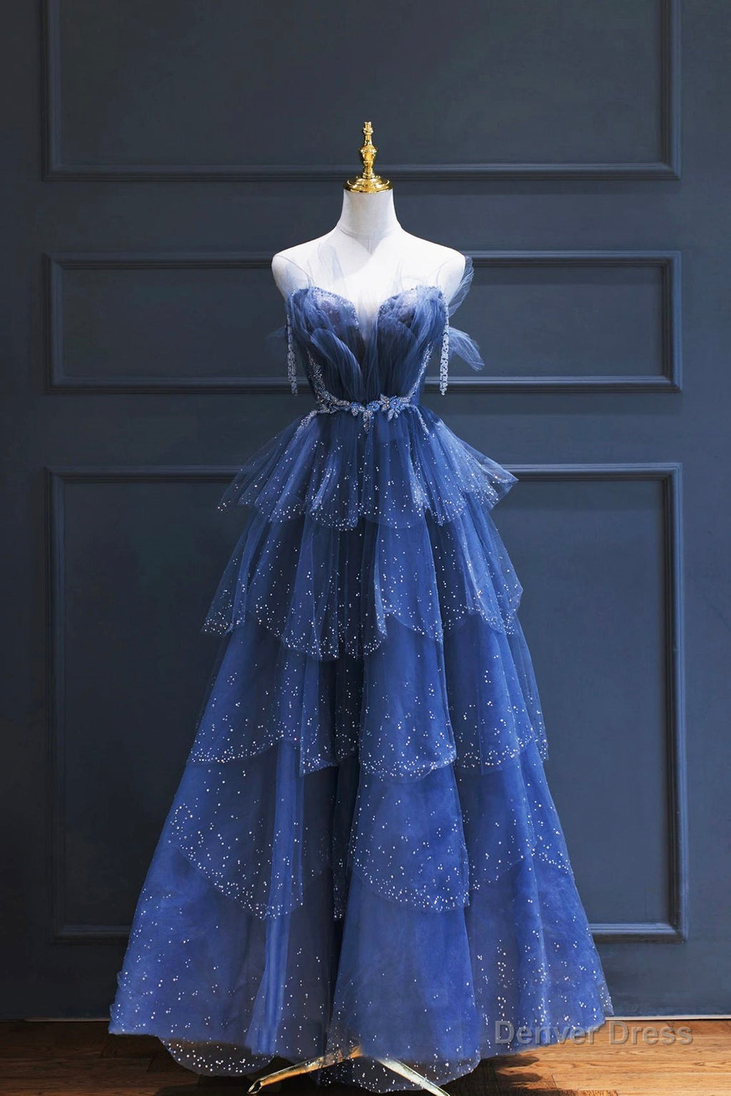 Blue Tulle Beaded Long Senior Prom Dress, A Line Strapless Prom Dresses