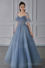 Blue Tulle Beaded Long Sleeve Prom Dress, A-Line Blue Evening Party Dress