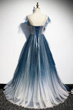Blue Tulle Beading Long A Line Prom Dress, Scoop Neckline Prom Dresses