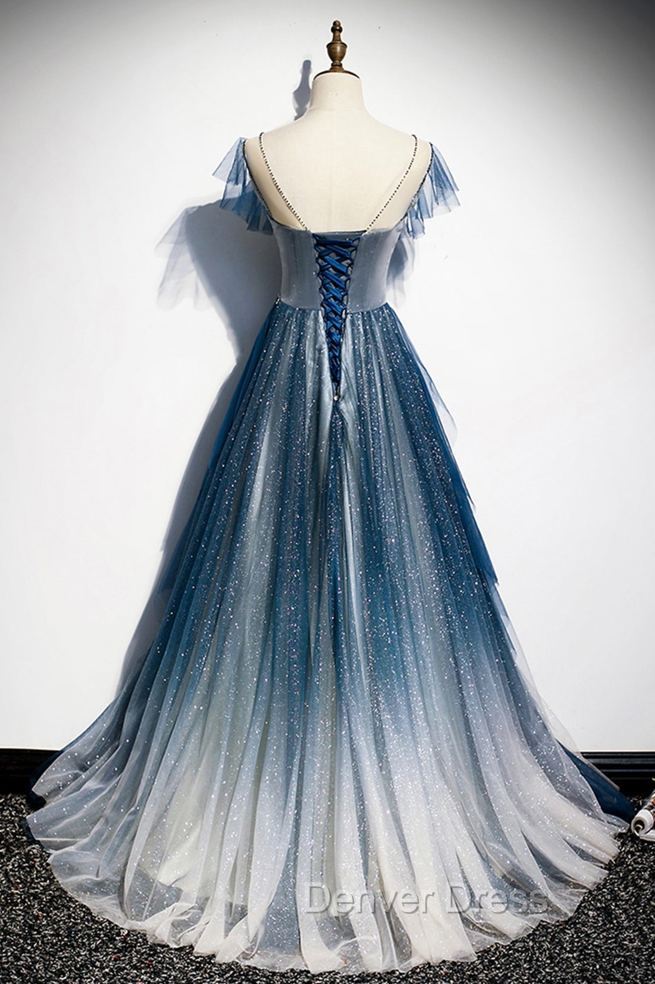 Blue Tulle Beading Long A Line Prom Dress, Scoop Neckline Prom Dresses