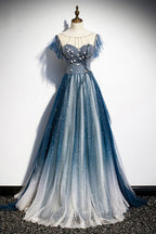 Blue Tulle Beading Long A Line Prom Dress, Scoop Neckline Prom Dresses