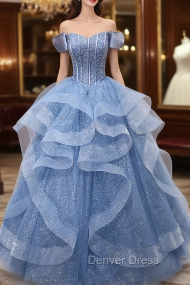 Blue Tulle Beading Off the Shoulder Prom Dresses