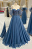 Blue Tulle Beading Spaghetti Straps Prom Dresses