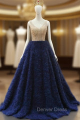 Blue Tulle Beading V-neck Prom Dresses