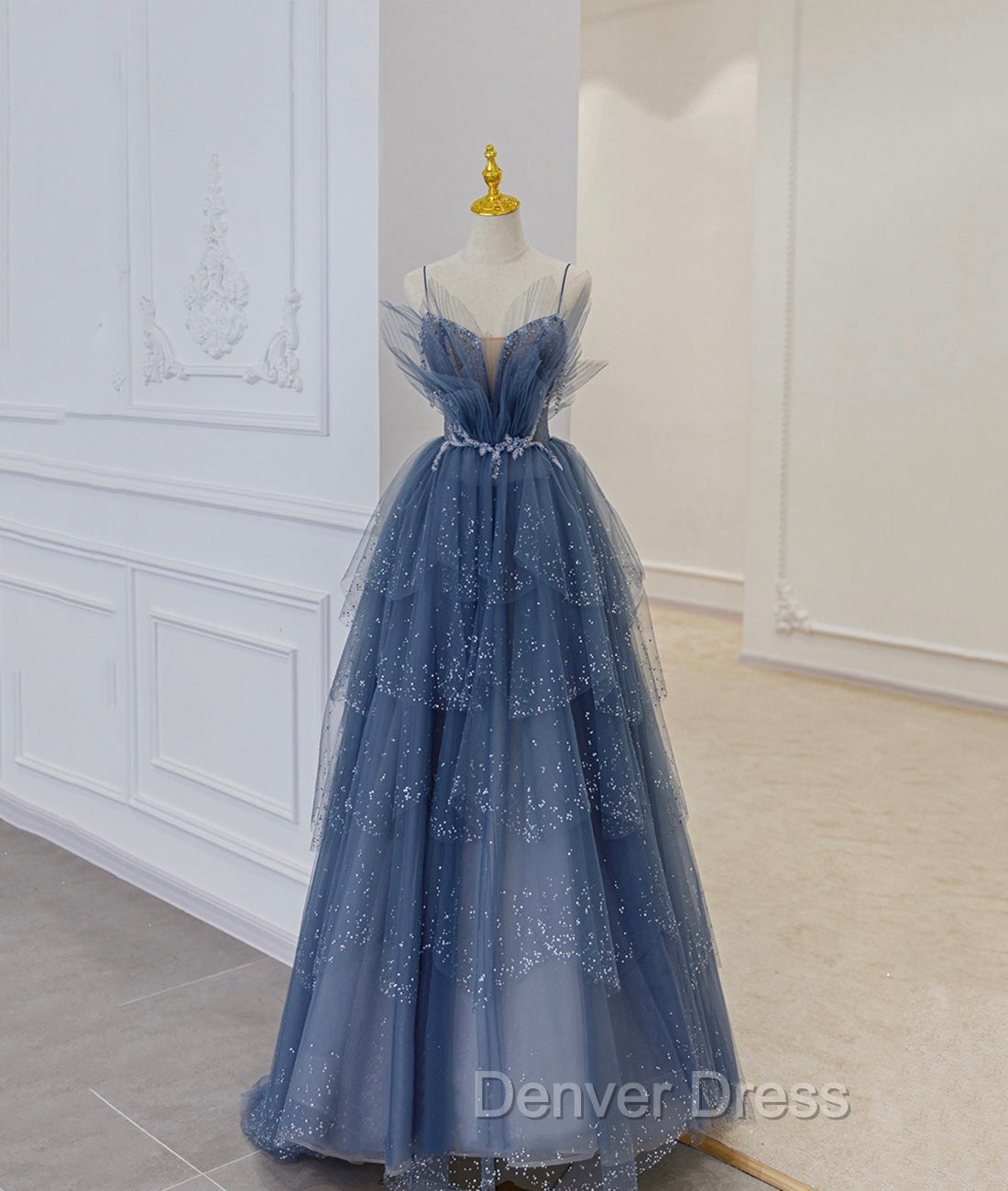 Blue Tulle Beads Long Ball Gowns Dress Blue Prom Dresses Secondary image