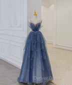 Blue Tulle Beads Long Ball Gowns Dress Blue Prom Dresses