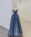 Blue Tulle Beads Long Ball Gowns Dress Blue Prom Dresses