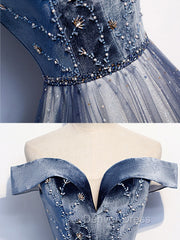 Blue Tulle Beads Long Prom Dresses, Blue Tulle Formal Dresses