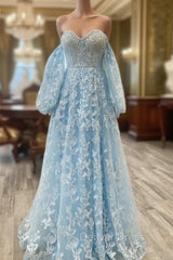 Blue Tulle Butterfly Long Sleeve Prom Dresses