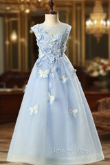 Blue Tulle Cap Sleeve Flowerr Girl Dresses With Butterfly Appliques