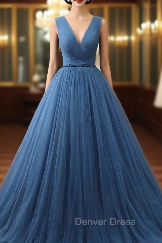 Blue Tulle Deep V-neck Pleats Beading Prom Dresses Main image