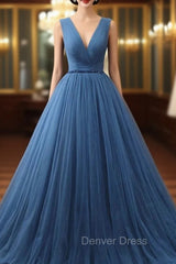 Blue Tulle Deep V-neck Pleats Beading Prom Dresses