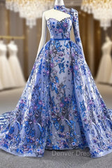 Blue Tulle Embroidery High Neck Long Sleeve Backless Prom Dresses