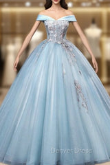 Blue Tulle Embroidery Sequins Off the Shoulder Quinceanera Dresses
