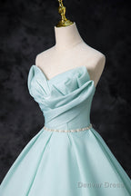Blue Tulle Floor Length Prom Dress, A-Line Strapless Prom Dresses