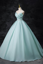 Blue Tulle Floor Length Prom Dress, A-Line Strapless Prom Dresses