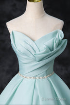 Blue Tulle Floor Length Prom Dress, A-Line Strapless Prom Dresses