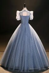 Blue Tulle Floor Length Prom Dress, A-Line Short Sleeve Evening Dress