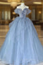 Blue Tulle Floor Length Prom Dress, Off the Shoulder Prom Dresses with 3D Flowers