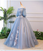 Blue Tulle Floral Off Shoulder Princess Formal Dress, Blue Sweet 16 Dress, Prom Dress