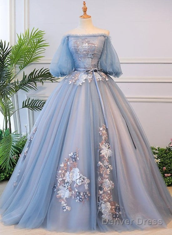 Blue Tulle Floral Off Shoulder Princess Formal Dress, Blue Sweet 16 Dress, Prom Dress Main image