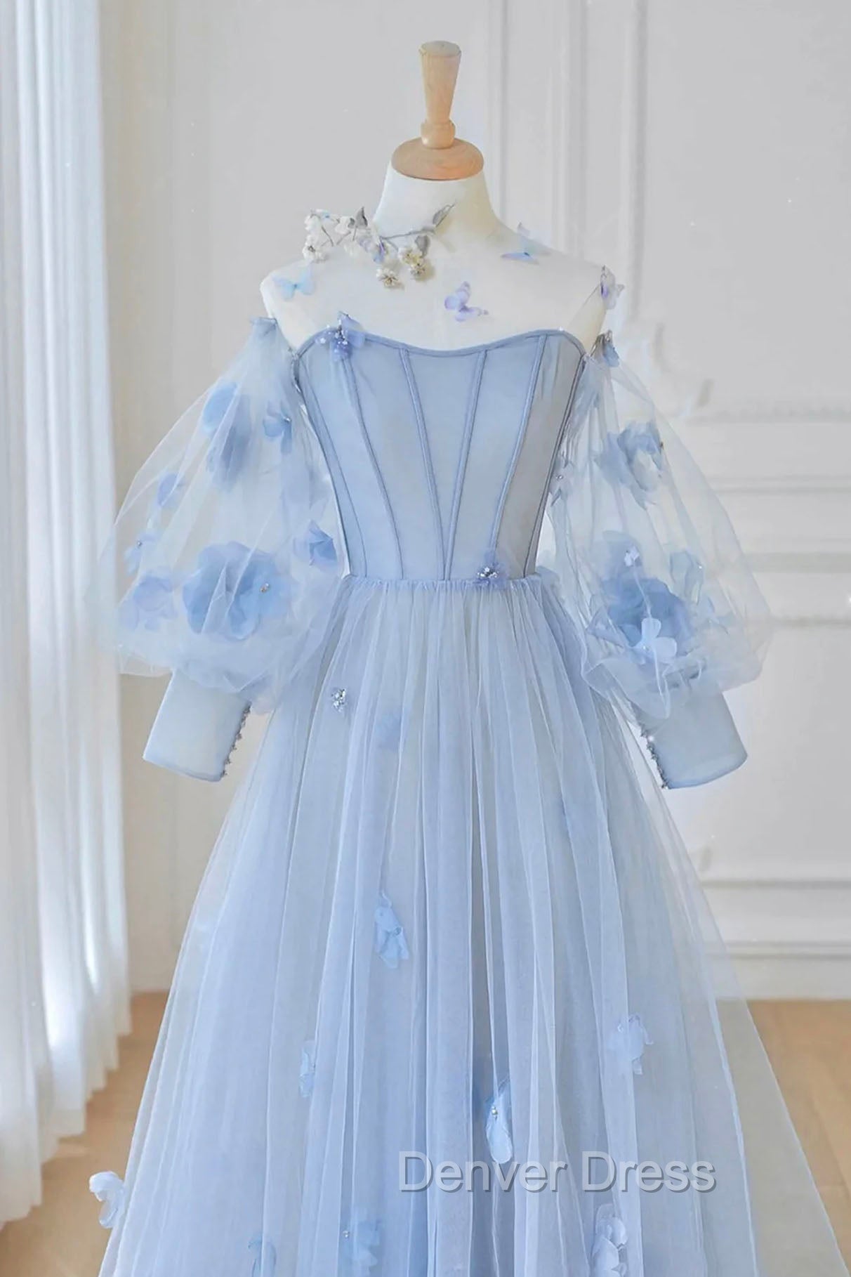 Blue Tulle Flowers Long Prom Dresses, Lovely A-Line Puff Sleeve Evening Dresses Secondary image