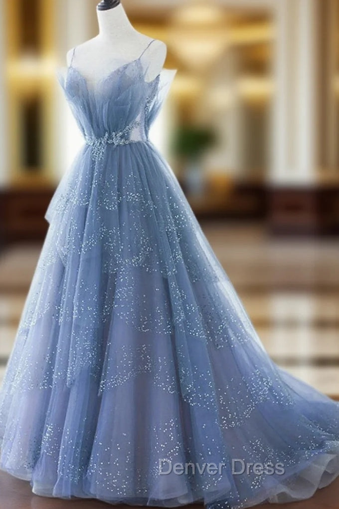 Blue Tulle Gorgeous V Neck Long Prom Dresses, A-line Tulle Formal Evening Dresses