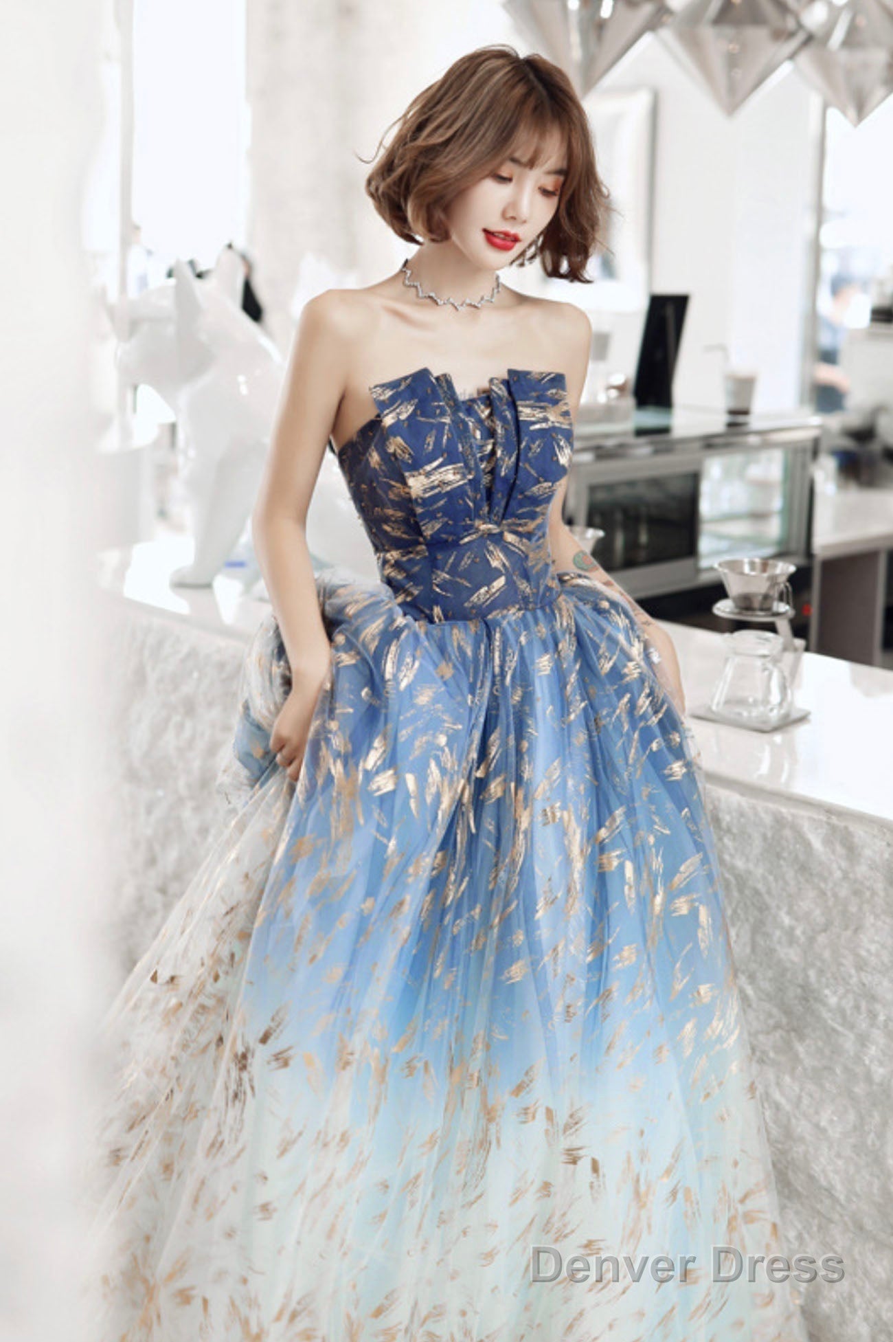 Blue Tulle Gradient Long Formal Gowns, A-Line Strapless Evening Dresses