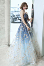 Blue Tulle Gradient Long Formal Gowns, A-Line Strapless Evening Dresses