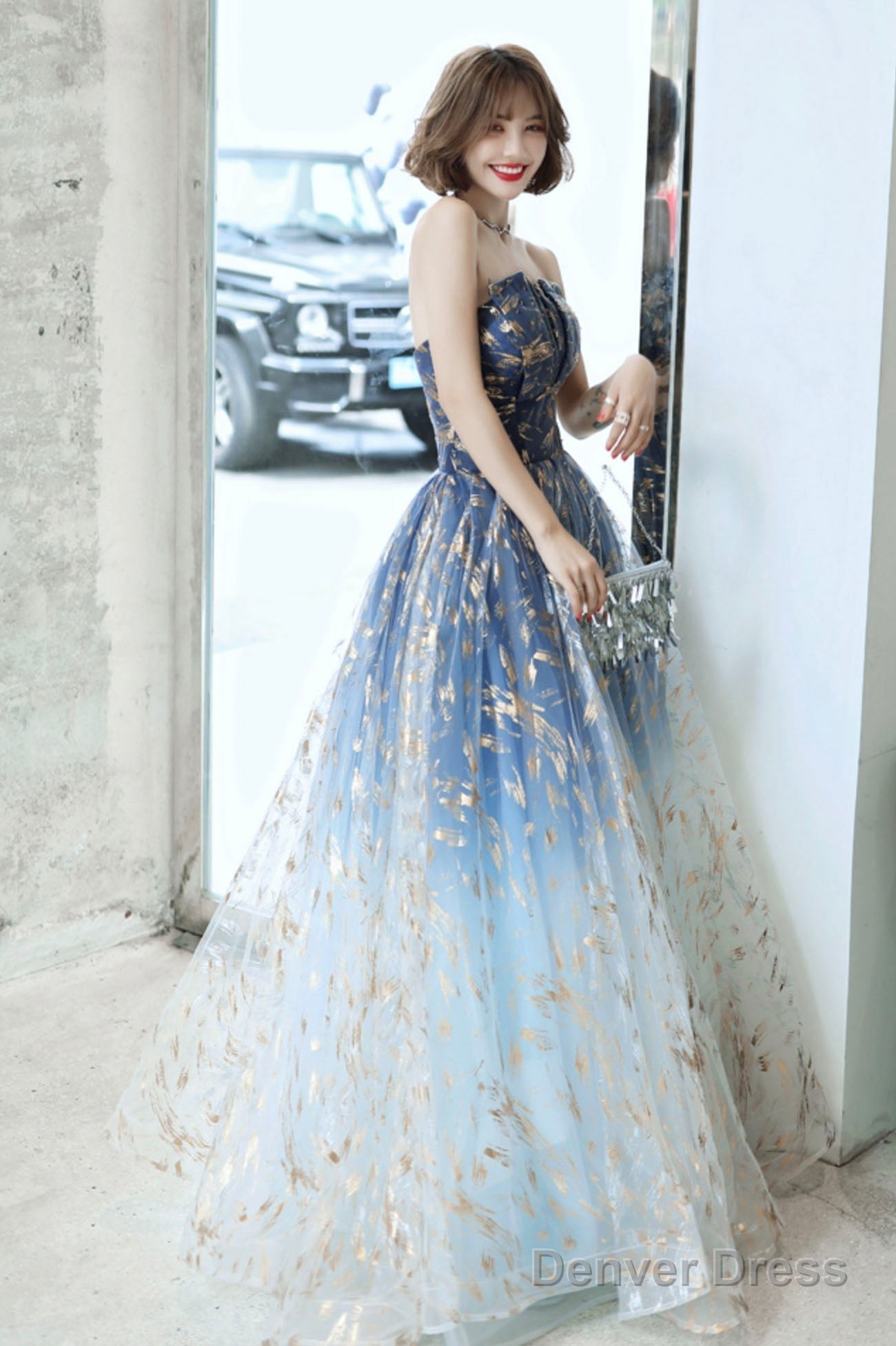 Blue Tulle Gradient Long Prom Gown, A Line Strapless Prom Dresses Main image