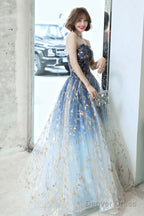 Blue Tulle Gradient Long Prom Gown, A Line Strapless Prom Dresses