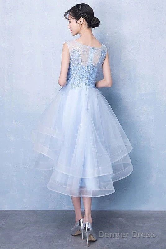 Blue Tulle High Low Lace Dress, Blue Tulle Lace Homecoming Dress