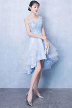 Blue Tulle High Low Lace Dress, Blue Tulle Lace Homecoming Dress