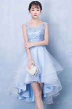 Blue Tulle High Low Lace Dress, Blue Tulle Lace Homecoming Dress