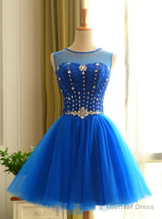 Blue Tulle Knee Length Backless Beading Homecoming Dress
